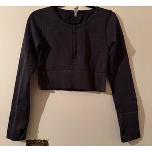 Aerie OFFLINE Waffle Knit Cropped Long Sleeve Henley Thumbhole‎ Top Charcoal L